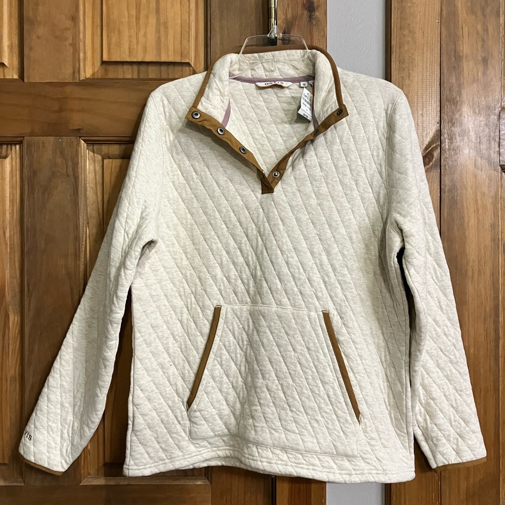 Orvis Cream Quilted Pullover with Brown Accents